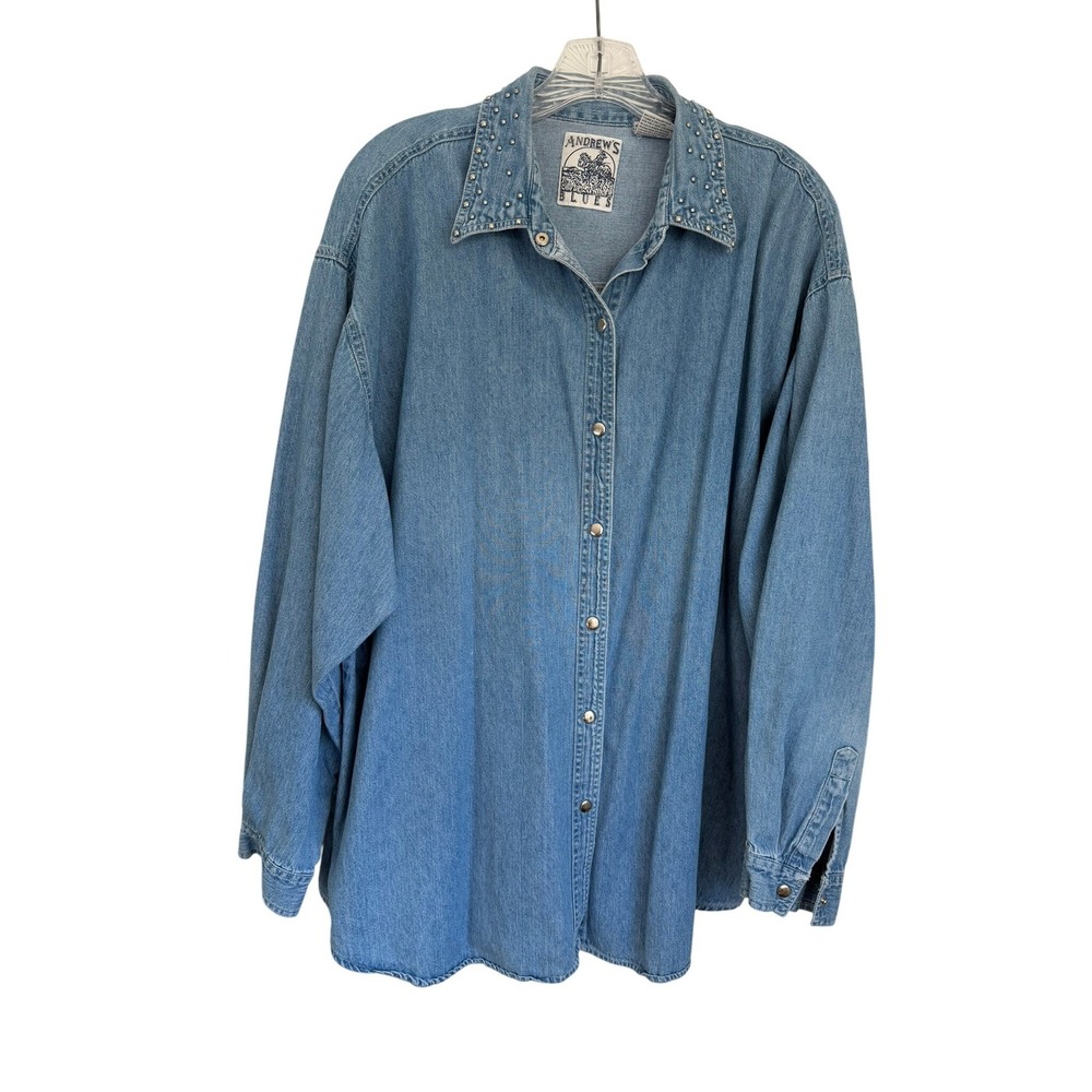 Andrews Blues Vintage Denim Shirt‎ Studded Collar Light Wash Blue Oversized Top